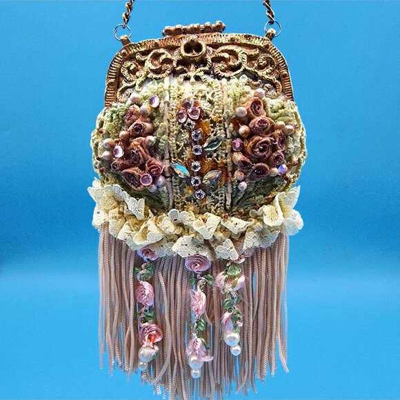 Victorian Purse Ornament Pink Beaded Lace Fringe Vintage Style Christmas v1 - Picture 3 of 9